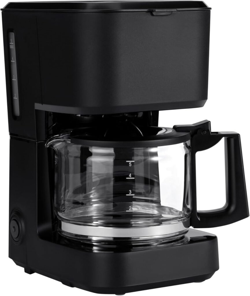 Amazon Basics 5 Cup Drip Coffee Maker with Glass Coffee Pot (0.8 Qt), Auto Shut-off, Auto Pause, Removable Filter Basket, Matte Black